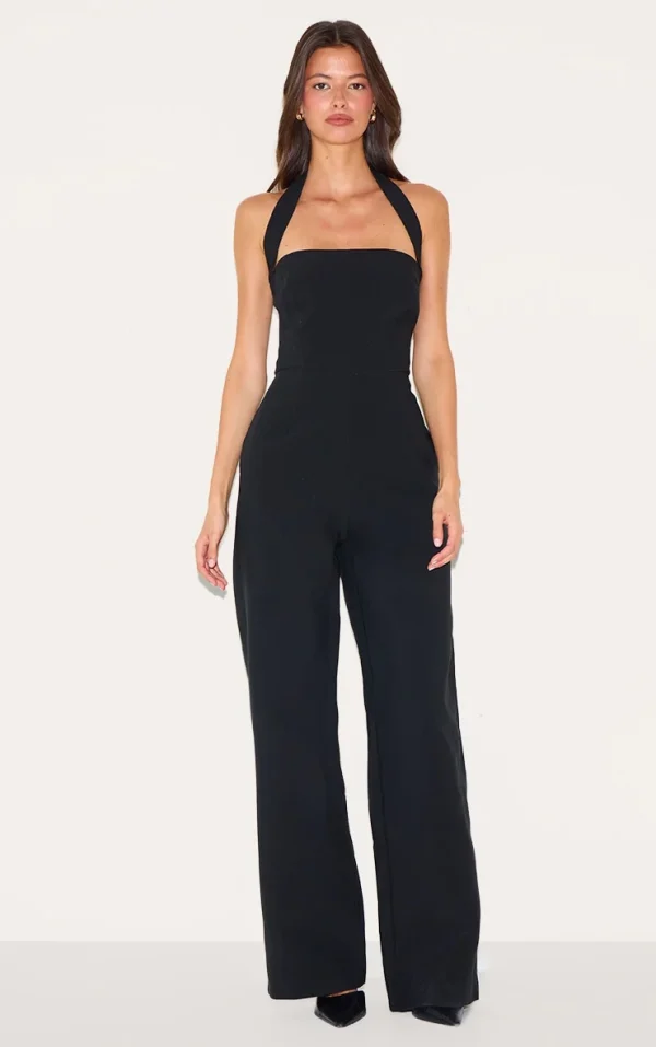 Black Premium Woven Halter Neck Wide Leg Jumpsuit
