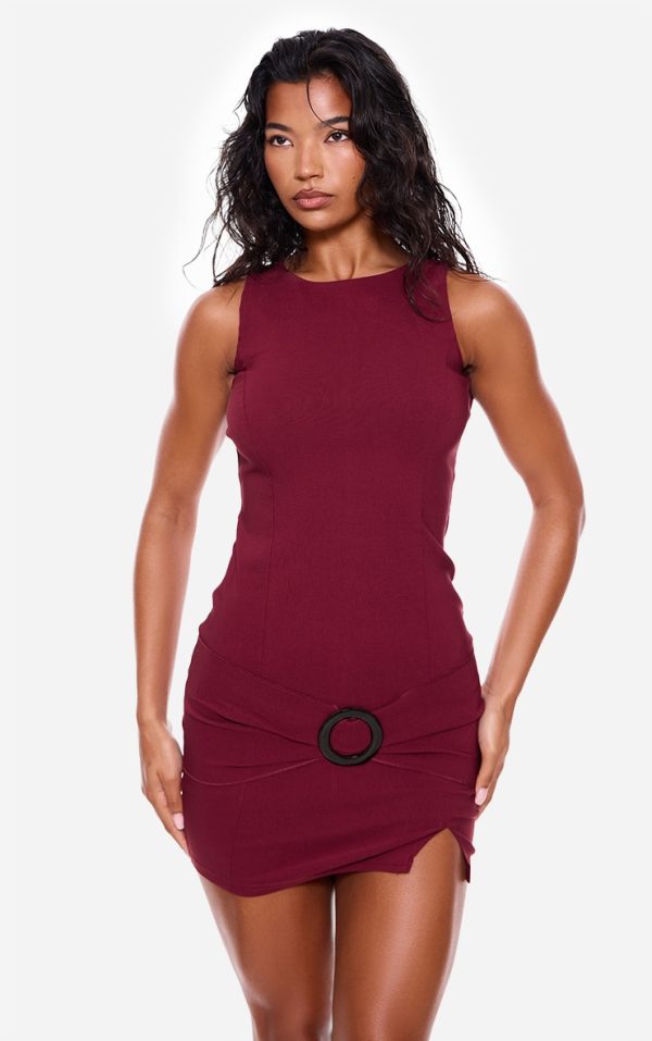 Wine Wrap Belt Detail Sleeveless Bodycon Dress