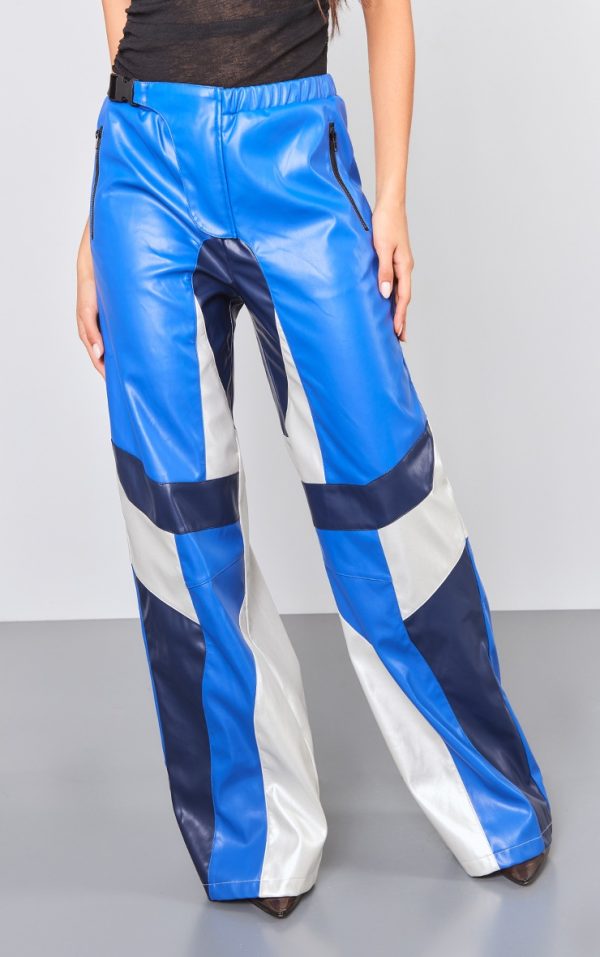 Blue Faux Leather Panel Detail Motorcross Pants