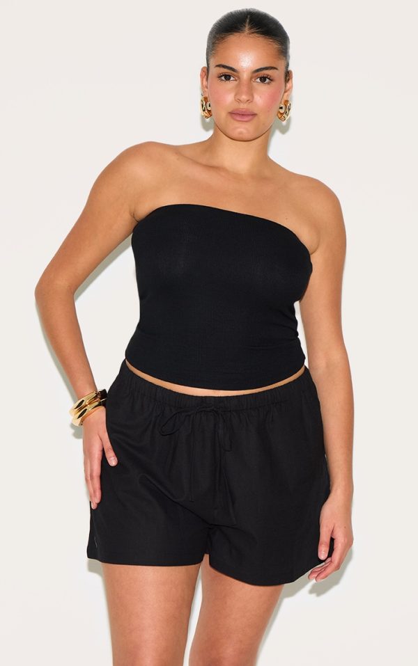 Plus Black Textured Drawstring Floaty Shorts