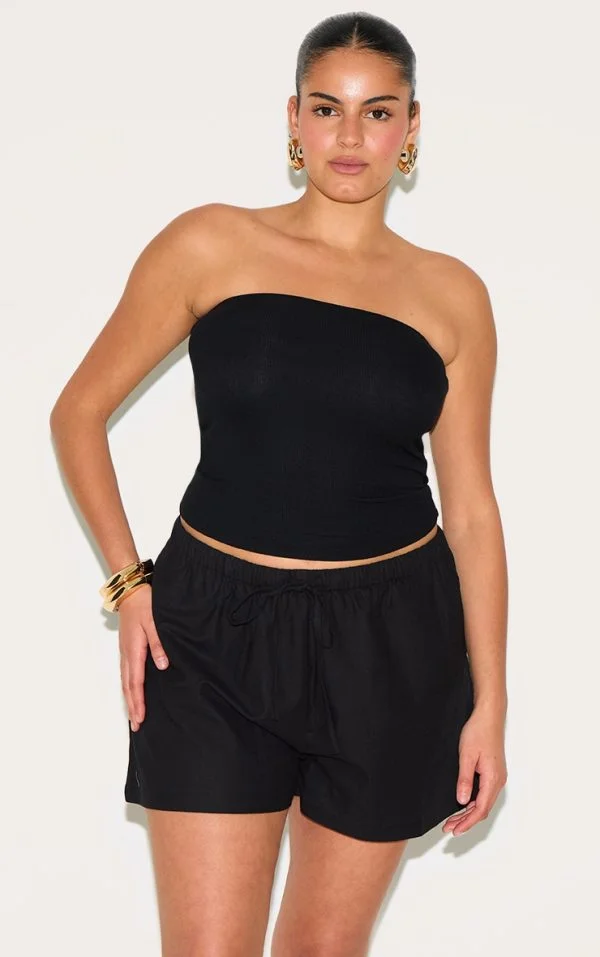 Plus Black Textured Drawstring Floaty Shorts