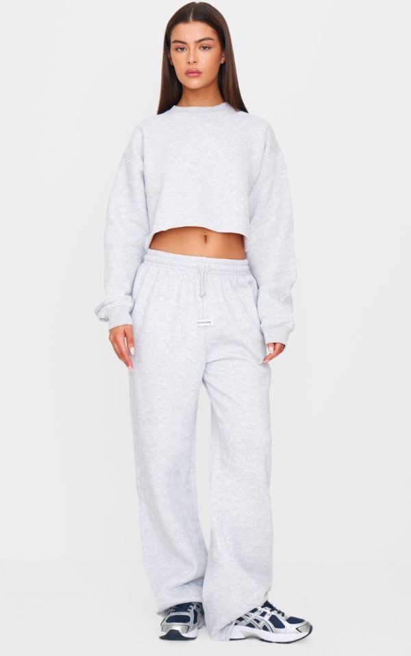 PRETTYLITTLETHING Ash Grey Badge Detail Mid Rise Wide Leg Sweatpants