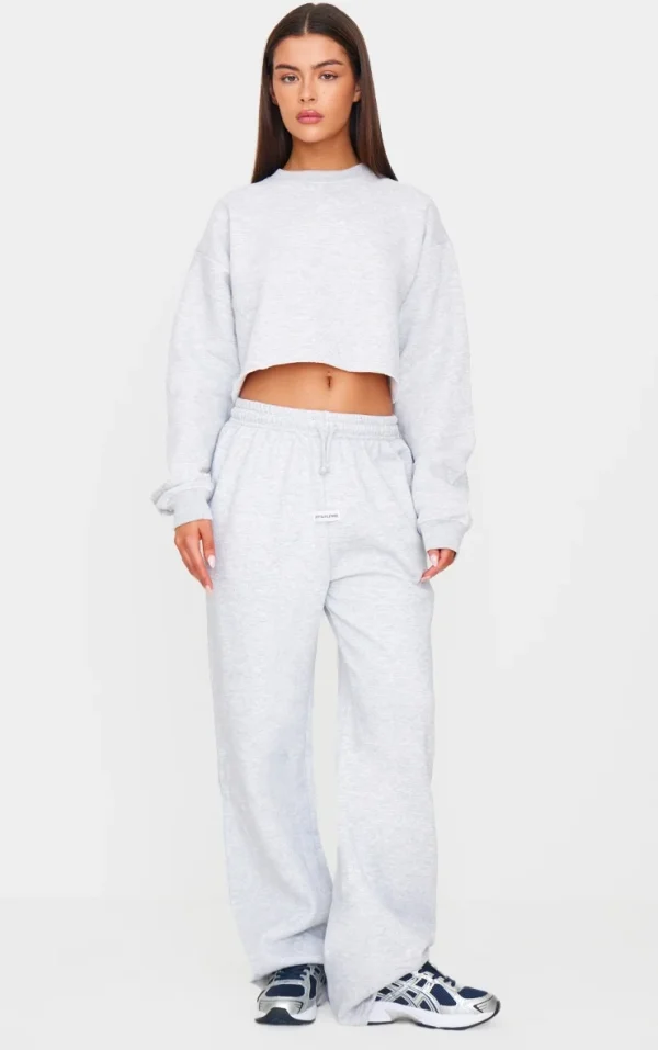 PRETTYLITTLETHING Ash Grey Badge Detail Mid Rise Wide Leg Sweatpants