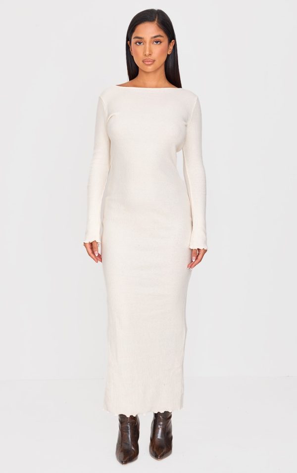 Petite Cream Ribbed Boat Neck Low Back Maxi Dress