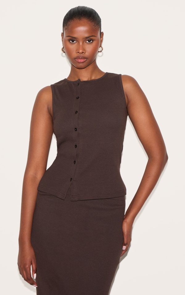 Chocolate Ribbed Asymmetric Button Detail Vest Top