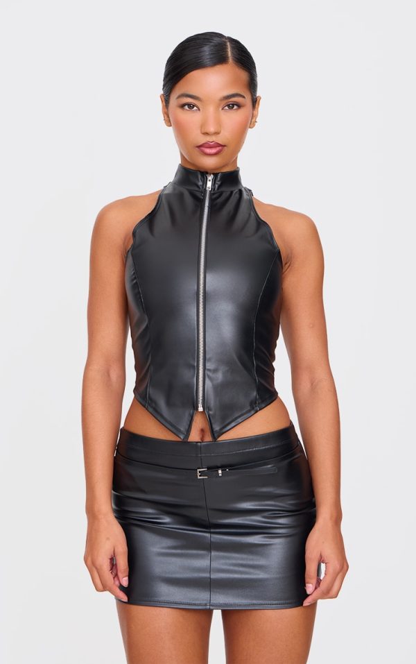 Black Faux Leather Zip Up High Neck Top