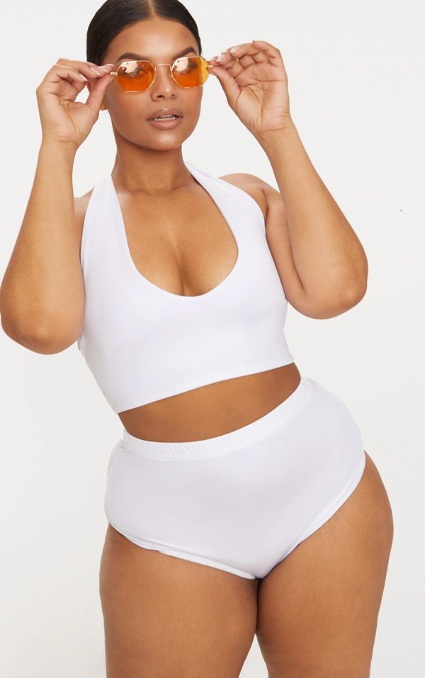 Plus White High Waist Halterneck Bikini Set