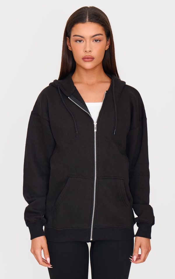 Black Oversized Zip Up Plain Front Hoodie