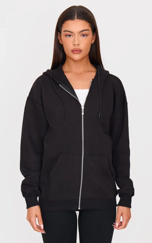 Black Oversized Zip Up Plain Front Hoodie
