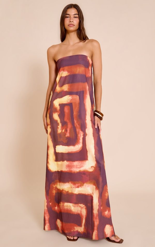 Deep Orange Tie Dye Print Floaty Woven Bandeau Maxi Dress