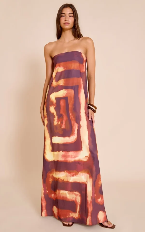 Deep Orange Tie Dye Print Floaty Woven Bandeau Maxi Dress