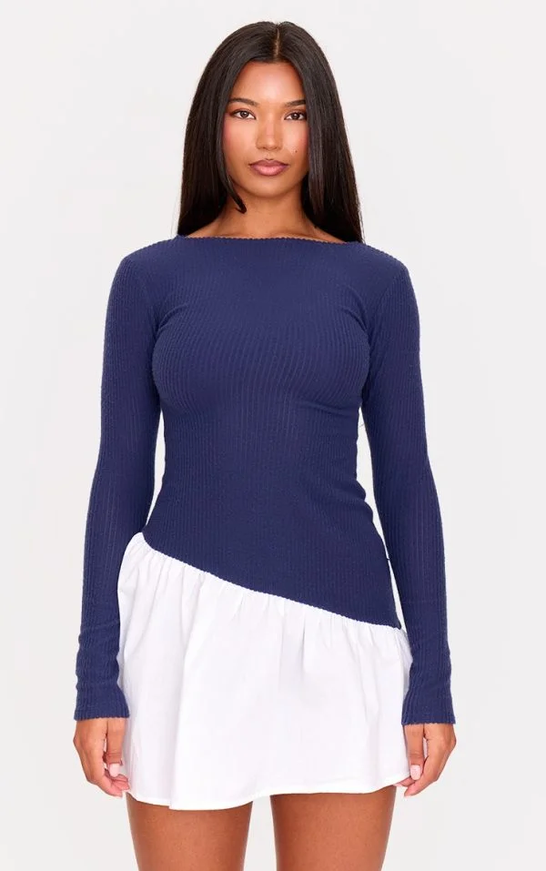 Navy Brushed Rib Asymmetric Hem Shift Dress
