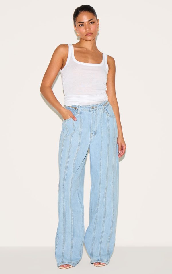 Petite Light Blue Denim Seam Detail Jeans With Adjustable Straps