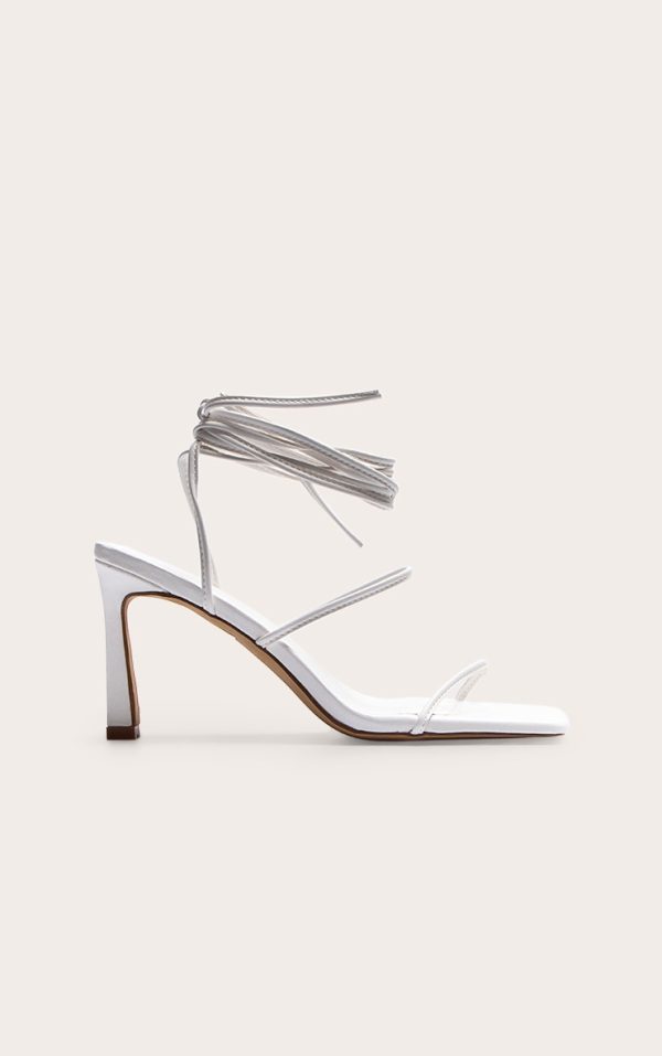 White Pu Square Toe Strappy Lace Up Mid Stiletto Heeled Sandals
