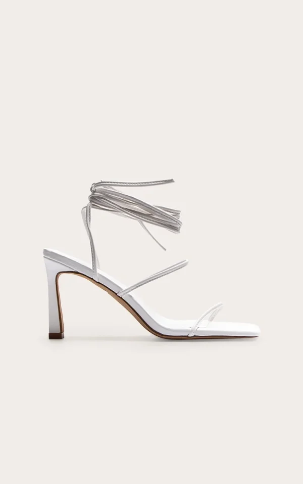 White Pu Square Toe Strappy Lace Up Mid Stiletto Heeled Sandals