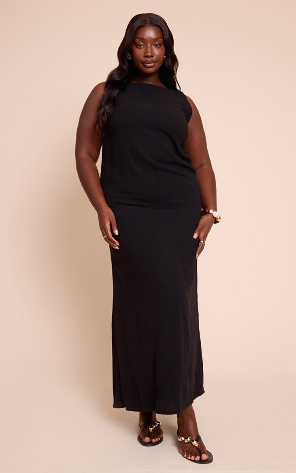 Plus Black Textured Boat Neck Low Back Maxi Dress