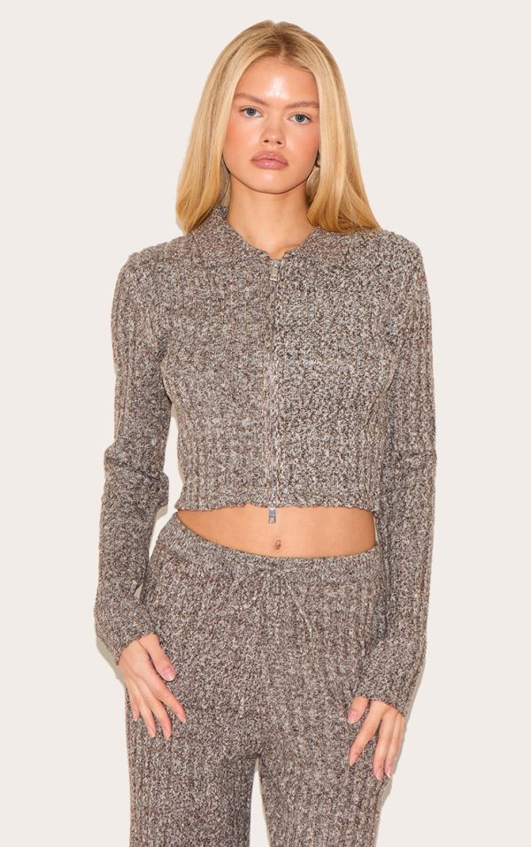 Chocolate Marl Knitted Dipped Hem Cropped Zip Up Top