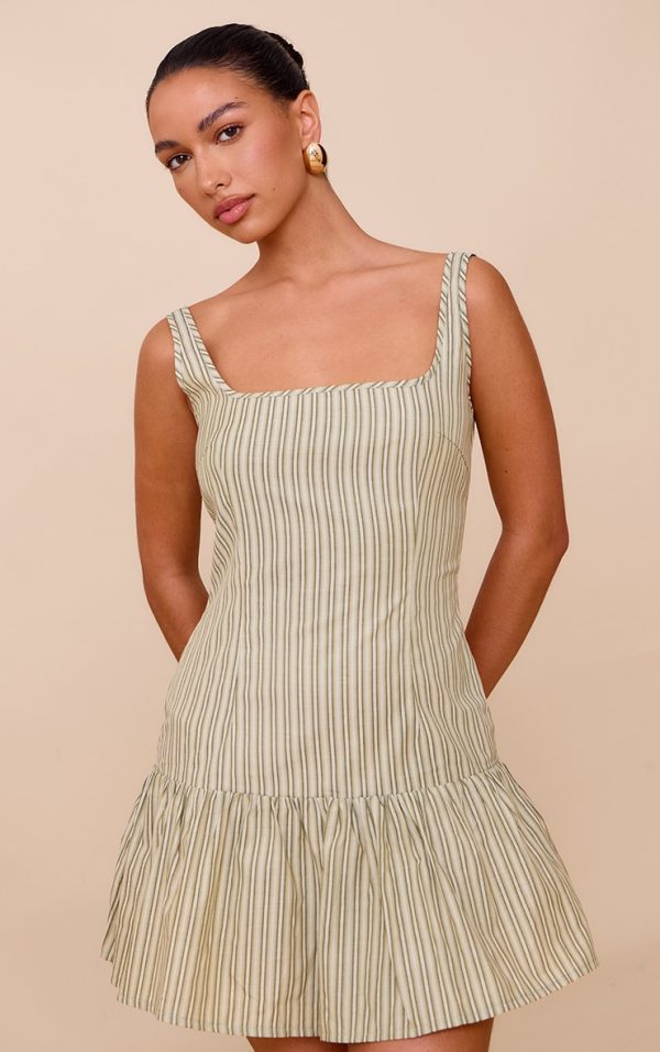 Sage Green Striped Sleeveless Straight Neck Shift Dress