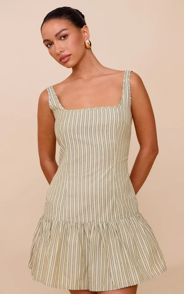 Sage Green Striped Sleeveless Straight Neck Shift Dress