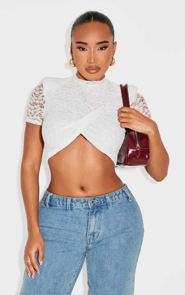 Shape White Lace Textured Shoulder Pad Cropped Top
