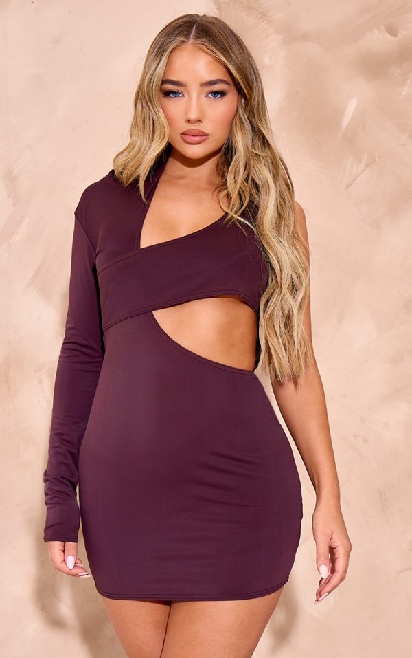 Chocolate Slinky Extreme Cut Out One Sleeve Mini Dress