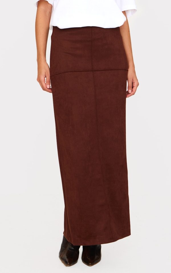 Chocolate Faux Suede Seam Detail Column Maxi Skirt