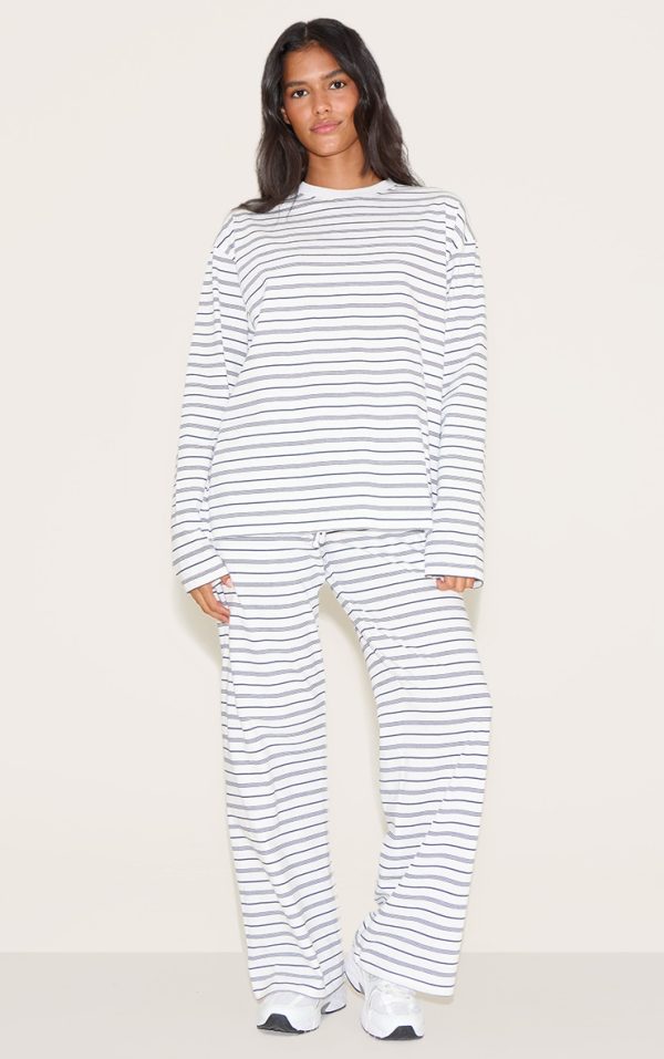 Navy Striped Wide Leg Drawstring Pants