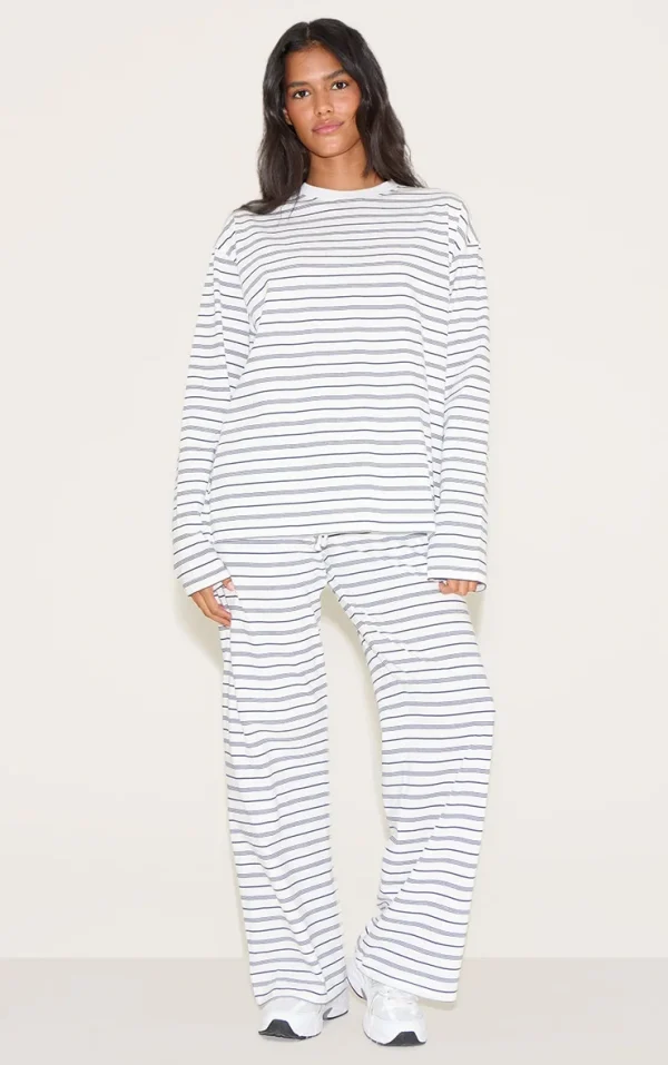 Navy Striped Wide Leg Drawstring Pants
