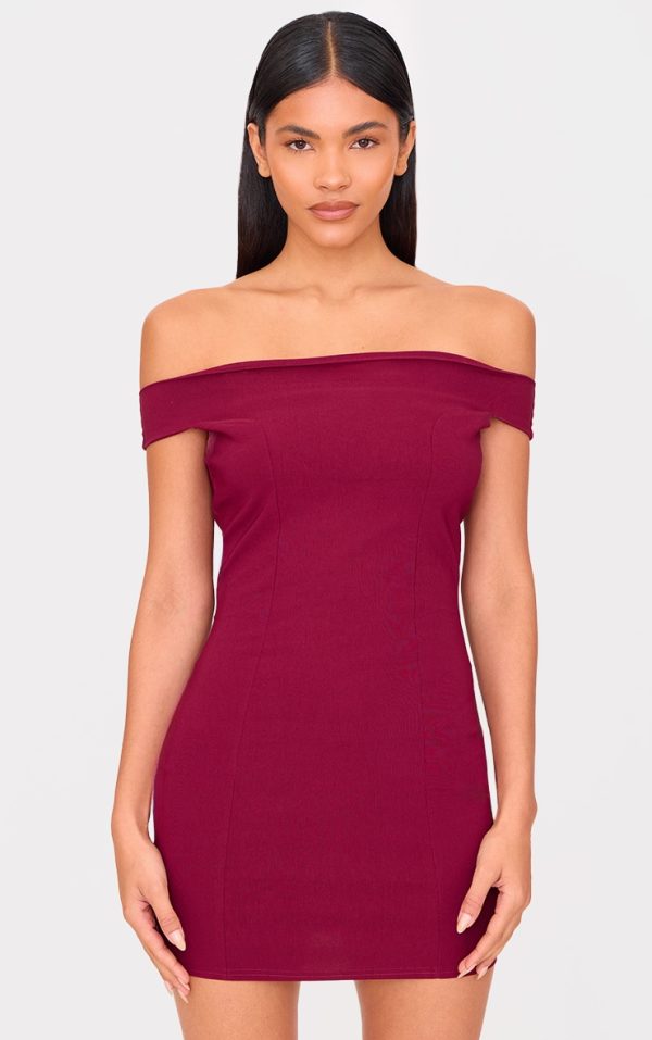 Burgundy Stretch Woven Bardot Bodycon Dress