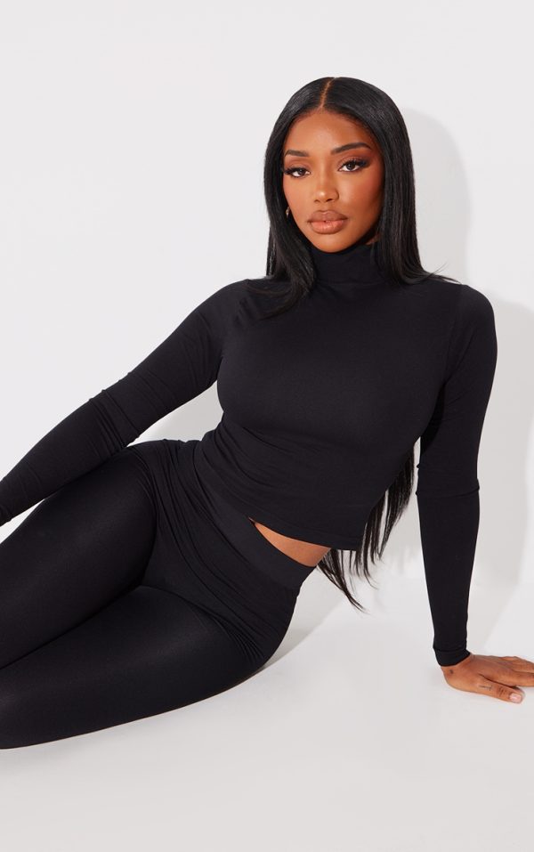 Shape Black Sculpted High Neck Long Sleeve Top
