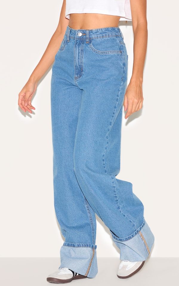 Mid Blue Wash High Waist Turn Up Leg Jeans