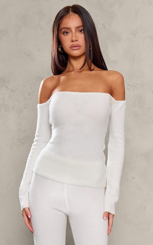 Petite Cream Knitted Long Sleeve Off The Shoulder Long Top