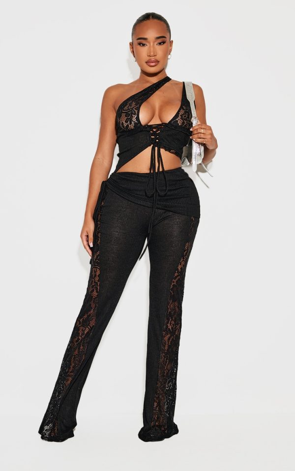Shape Black Fold Over Ribbed Pants With Side Panel Detail