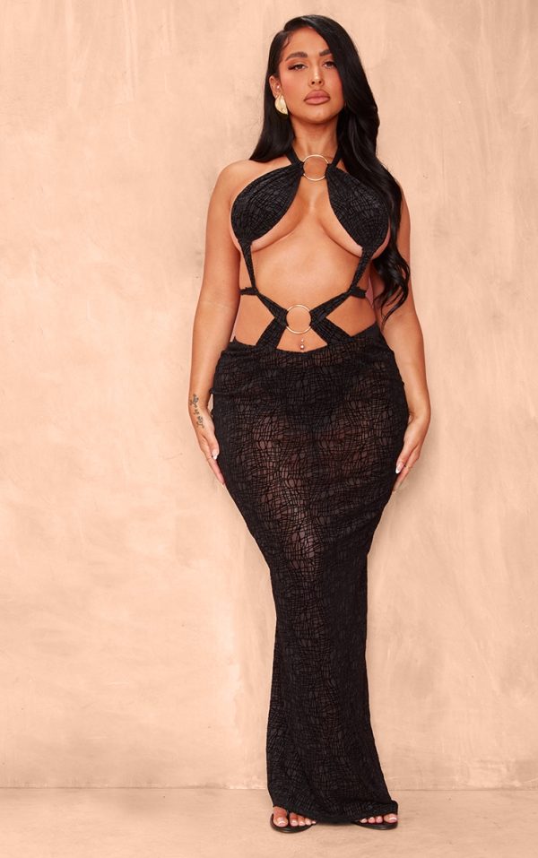 Shape Black Textured Sheer Halterneck Ring Detail Maxi Dress