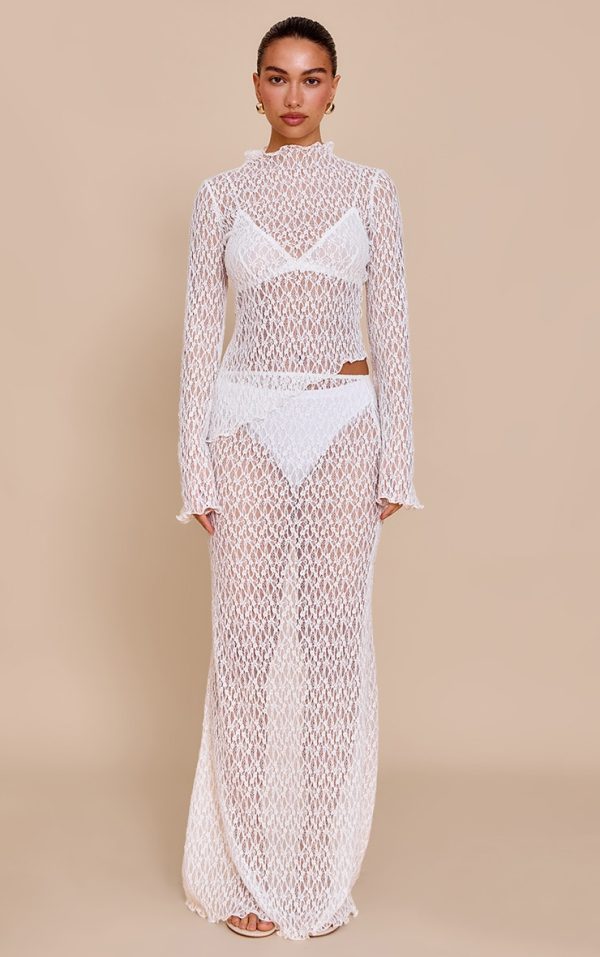 White Sheer Lace Fishtail Maxi Skirt