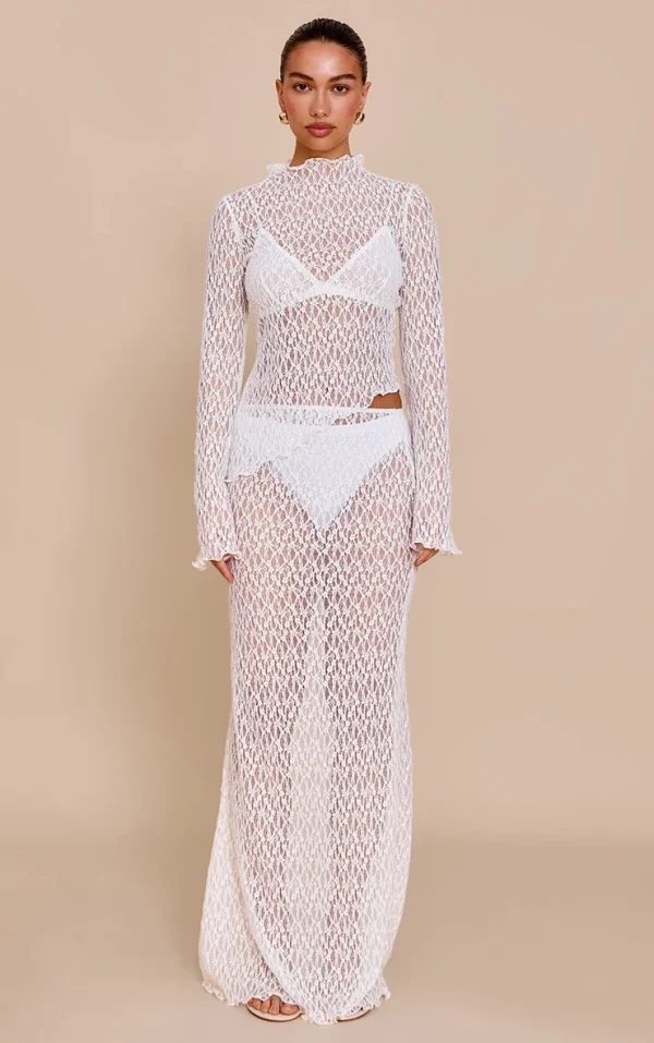 White Sheer Lace Fishtail Maxi Skirt