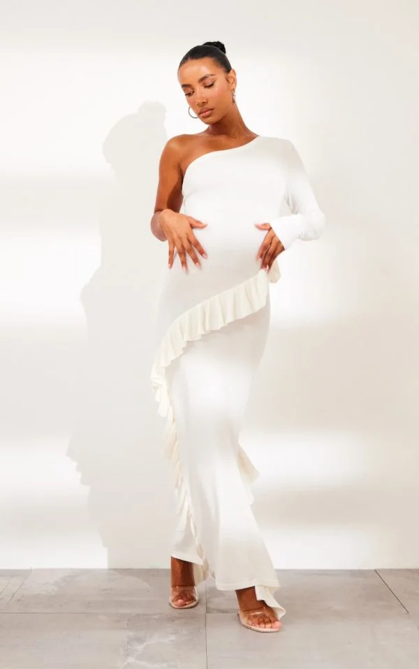 White One Sleeve Frill Edge Detail Knit Maxi Dress
