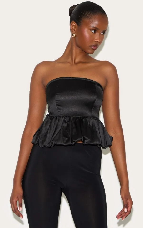 Black Satin Puffball Top