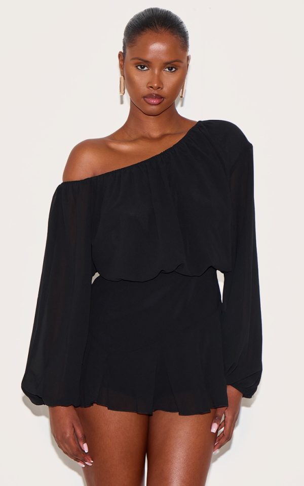 Black Chiffon One Shoulder Floaty Skort Romper