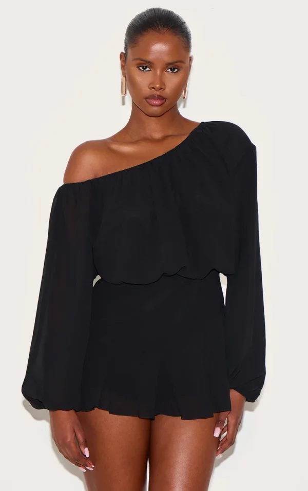 Black Chiffon One Shoulder Floaty Skort Romper