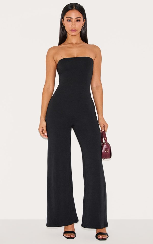 Petite Black Double Layer Jersey Bandeau Wide Leg Jumpsuit