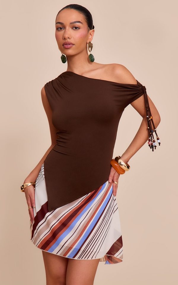 Dark Chocolate Slinky Bead Tassel Detail Asymmetric Long Top