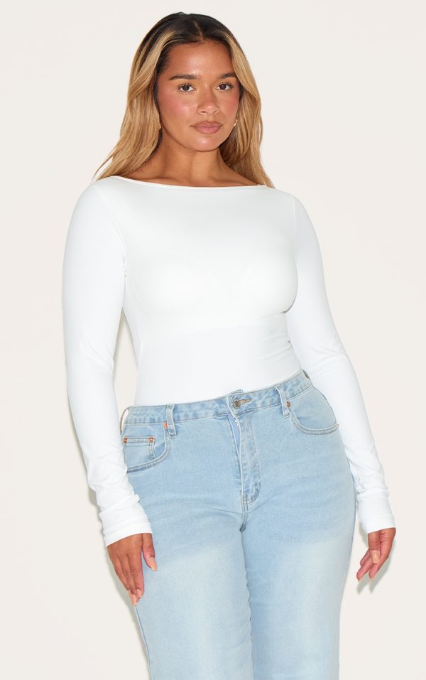 Shape White Built In Bra Sculpt Boat Neck Long Sleeve Bodysuit
