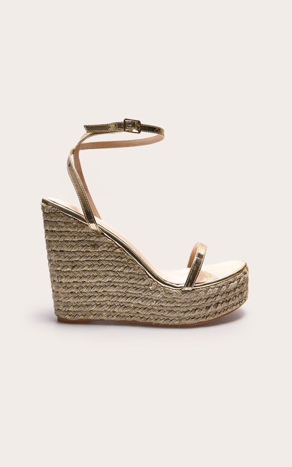 Gold PU Metallic Strap Espadrille High Heeled Wedges