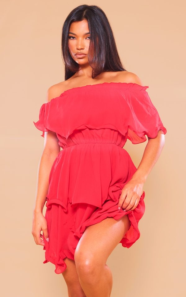 Red Chiffon Bardot Ruffle Tiered Dress