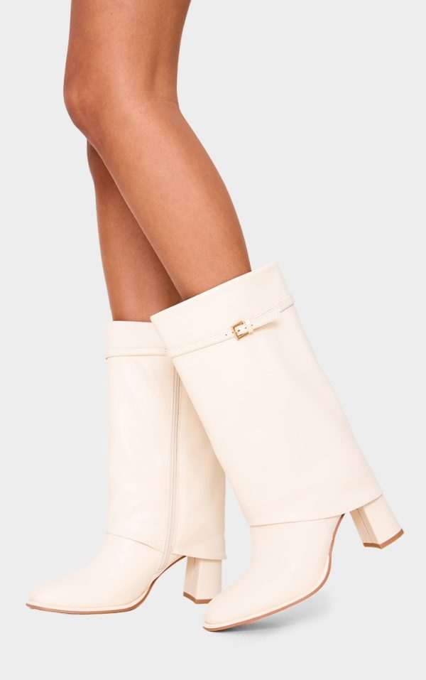 Cream PU Point Toe Buckle Detail Block Heel Calf High Boots