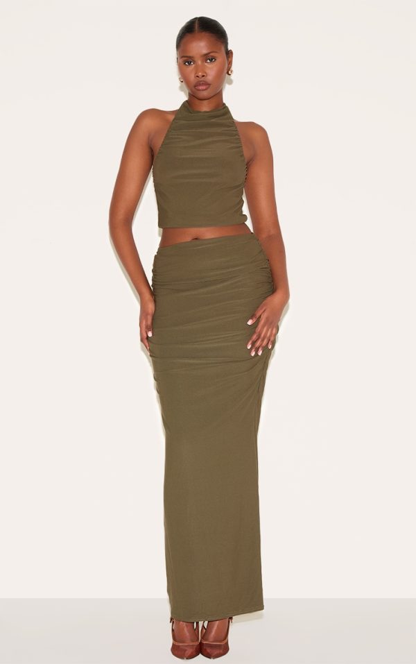 Khaki Soft Touch Ruched Maxi Skirt