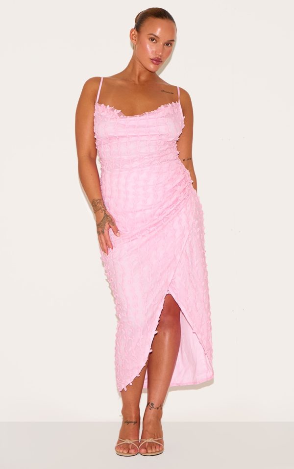 Plus Baby Pink Lace Cowl Neck Lace Up Back Midi Dress
