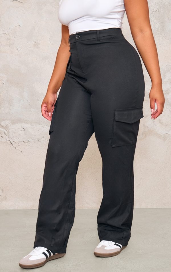 Plus Black Pocket Front Cargo Straight Leg Pants