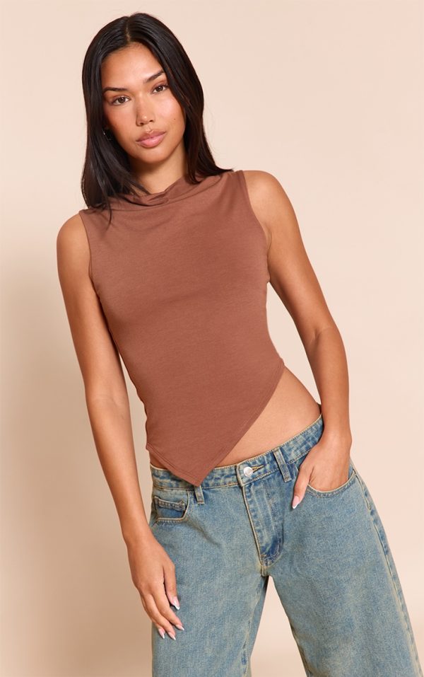 Chocolate Contour Jersey Asymmetric Boat Neck Top